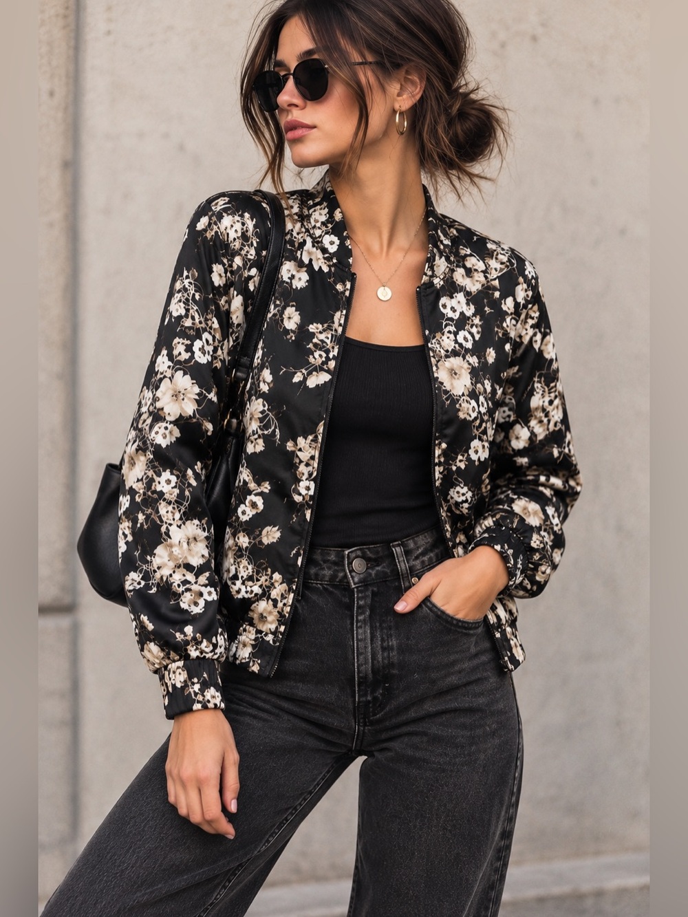 GUESS Floral Satin Bomber Jacket Medium Black Cream Dark Romantic Y2K